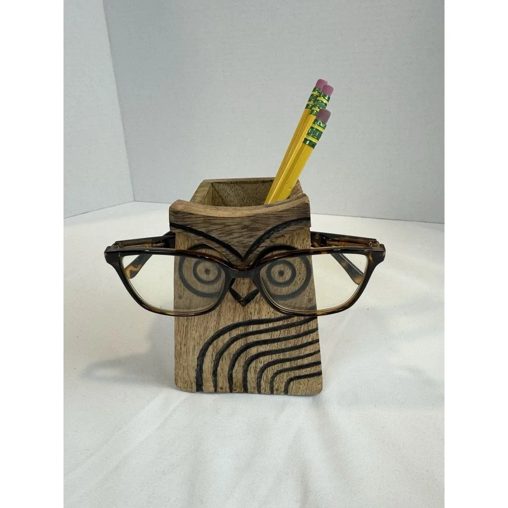 Wooden Owl Pencil Eyeglass Holder Desk Organizer  Wood MCM style World Market